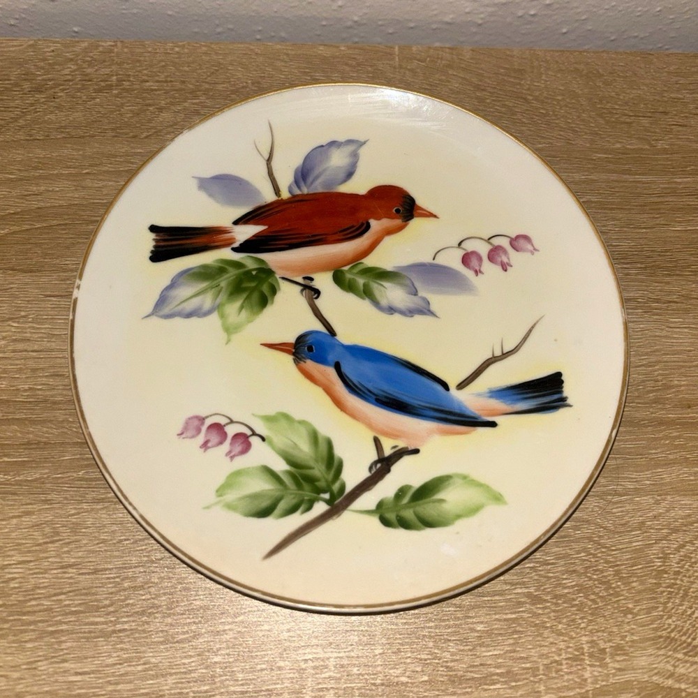 Vintage Hand Painted Bird Decorative Wall Plate 8 Inch Gold Rim Songbirds